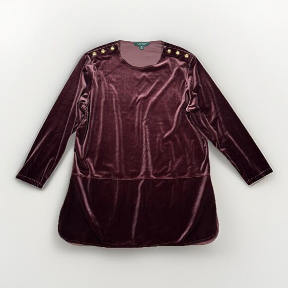 LAUREN RALPH LAUREN Burgundy Velvet Tunic Button Shoulder Womens Size XL - Picture 2 of 10